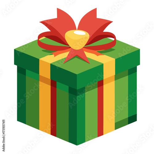 Vector illustration of a vibrant green gift box with red and yellow stripes, topped with a red bow, presented on a