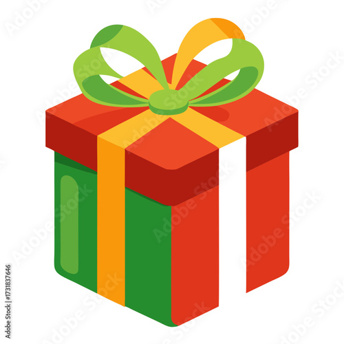 Vector illustration of a single red and green gift box with a yellow ribbon and green bow