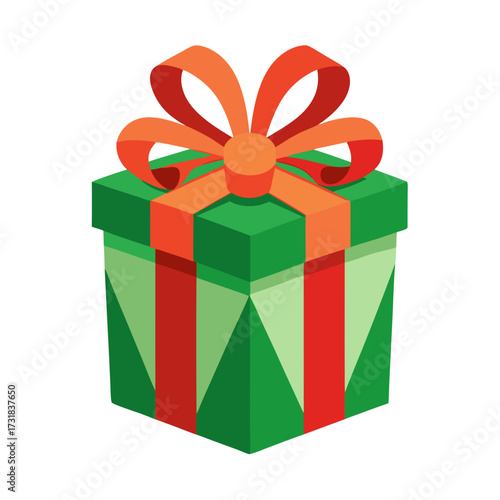 Vector illustration of an eyecatching green gift box featuring red and light green stripes, elegantly tied with an orange bow, isolated on a