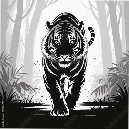 Proud Sumatran Tiger Black and White Silhouette Vector