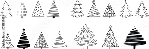 Set of abstract Christmas tree line drawings, minimalist holiday decoration icons, modern festive outline sketch, simple seasonal design, creative illustration