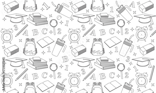 Back to school themed seamless pattern with education icons in outline style.