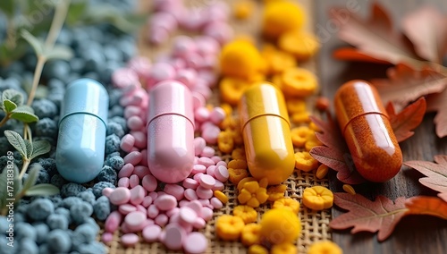 Conceptual seasonal medicine capsules placed on textured backgrounds with natural herbs or flowers representing spring, summer, fall, and winter. Color-matched capsules. Clean, overhead.
