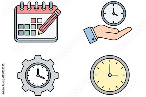Vector art of a set of vector icons representing time management, including a calendar, clock in hand, clock in gear, and a regular clock