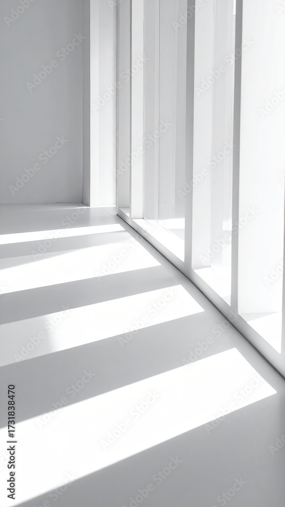 Fototapeta premium Minimalist White Room with Vertical Columns and Striking Light and Shadow Patterns
