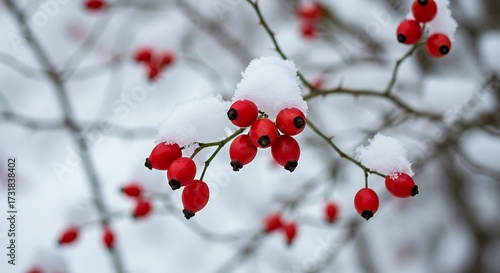 Winter scene featuring snow covered rose hips on a branch closeup