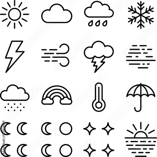 Weather icon set collection with sun, cloud, rain, snowflake, thunderstorm, rainbow, thermometer, umbrella, moon, fog, stars vector illustration