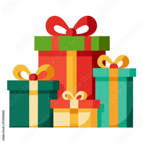 Vector illustration of a collection of colorful gift boxes with ribbons and bows, stacked together