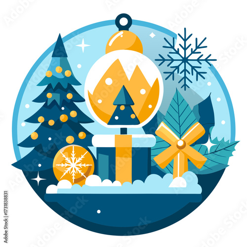 Vector illustration of enchanting christmas snow globe display featuring a decorated christmas tree, a gift box, snowflakes, and a miniature mountain scene, capturing the essence of winter holidays