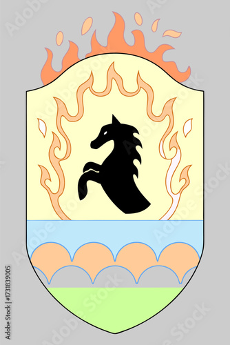 Black horse rearing in fire ring above blue waves on white shield with pink flames, symbolizing power and balance