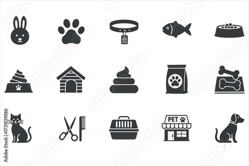 Vector art of a set of petrelated icons featuring a rabbit, paw print, collar, fish, food bowl, dog house, and other items