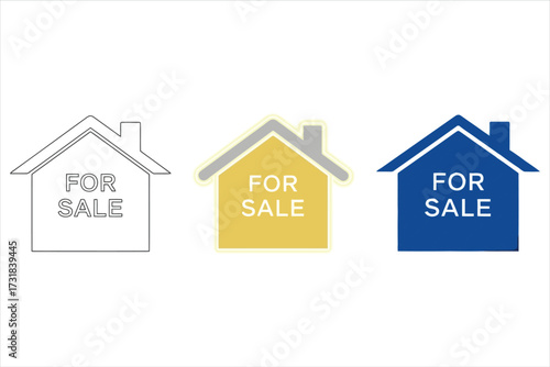 Illustration of house for sale three different versions outline, yellow fill, and blue fill, representing real estate market, property, and home ownership