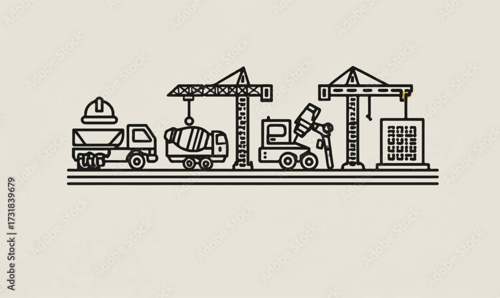 Fototapeta premium Construction site equipment and vehicles in linear design showing building and engineering process and industry development