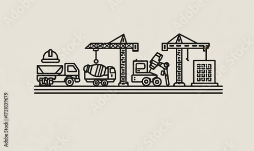 Construction site equipment and vehicles in linear design showing building and engineering process and industry development