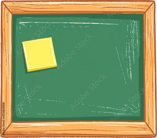 Green chalkboard with sticky note and wooden frame