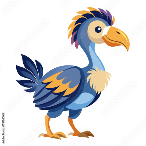 Vector illustration of cute cartoon dodo bird with blue and yellow feathers, standing and looking to the side
