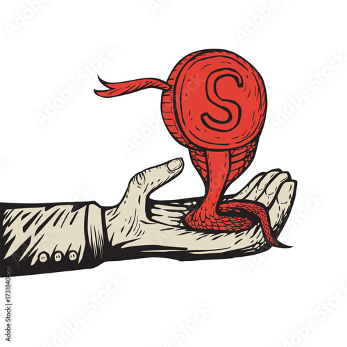 Business Hand Snake Money. Money Snake Concept. Black and White. Cartoon Vector Illustration.    
