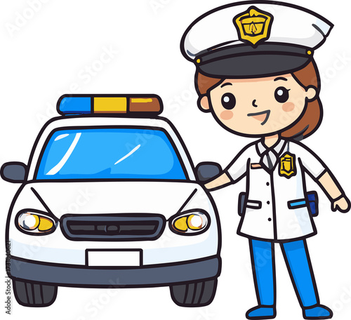 Police officer standing next to patrol car in cartoon style