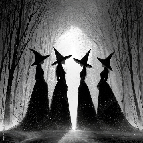 A group of four witches in pointed hats standing in a misty, enchanted forest in black and white.