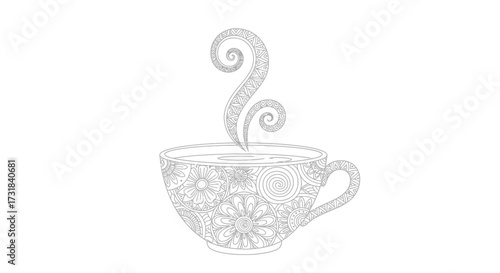 Peaceful Adult Coloring Page Steaming Teacup Organic Zen Doodle Patterns Art