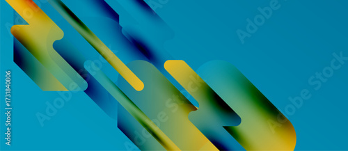 Abstract design features layered shapes, vibrant colors. Blue background contrasts yellow, green gradients. Modern, dynamic composition.