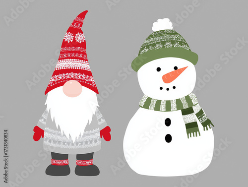 A cute holiday illustration of a gnome and snowman dressed in festive winter clothing on a grey background.