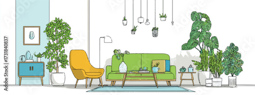 Cozy living room interior design with green couch plants and bright yellow armchair home decor modern design interior illustration