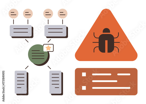 Flowchart with interconnected data blocks beside a warning triangle featuring a bug. Ideal for software development, debugging, workflow, error detection, systems analysis, risk management, simple