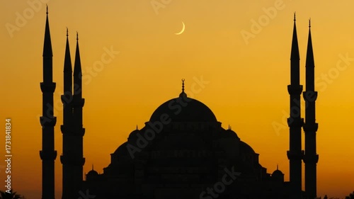 Silhouette of a Mosque at Sunset, Beautiful Architecture.