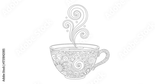 Steaming Teacup with Organic Zen Doodle Patterns for Peaceful Adult Coloring