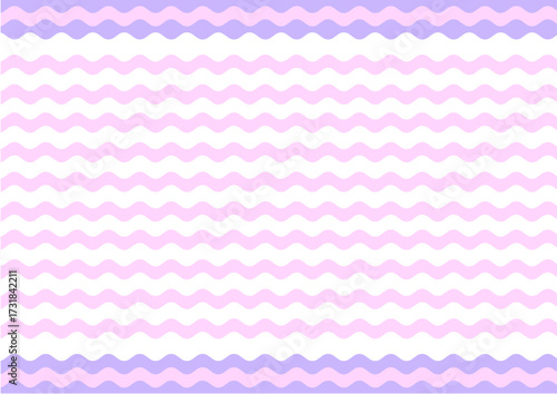 A repeating abstract pattern of alternating white and light pink horizontal wavy stripes. The design is framed at the top and bottom by wider lavender bands with a scalloped edge, creating a soft look