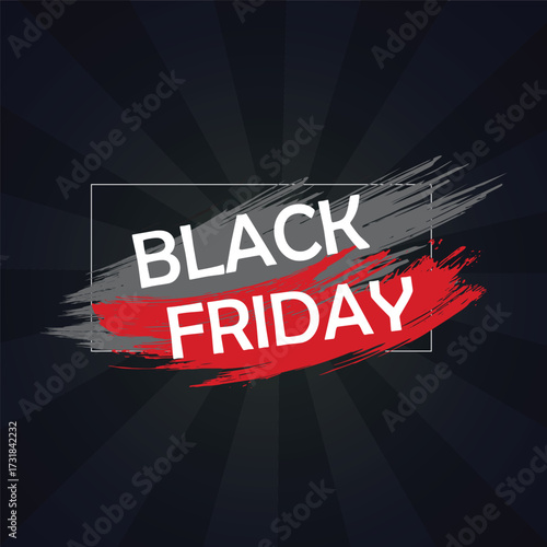 Creative Black Friday sale banner featuring bold white and red typography with brush stroke design on a dark abstract background. Perfect for online shopping discounts, holiday promotions, 
