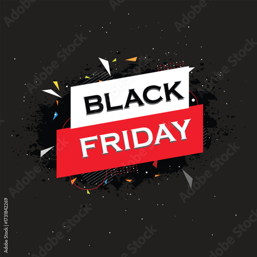 Modern Black Friday sale banner featuring bold red and white typography with abstract dark background and colorful confetti. Perfect for holiday shopping discounts, online store promotions, 