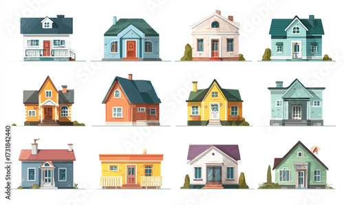 Diverse Collection of Colorful House Illustrations showcasing architectural variety and charm in a delightful array of designs
