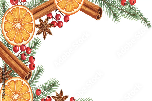 Vector art of festive christmas frame with orange slices, cinnamon sticks, berries, and fir branches, , perfect for holiday cards and seasonal designs