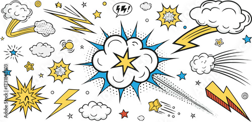 Comic Boom & Speed Line Effect Set.Hand drawn sketch doodle action effect.Hand-Drawn Explosive Motion Elements Vector.eps