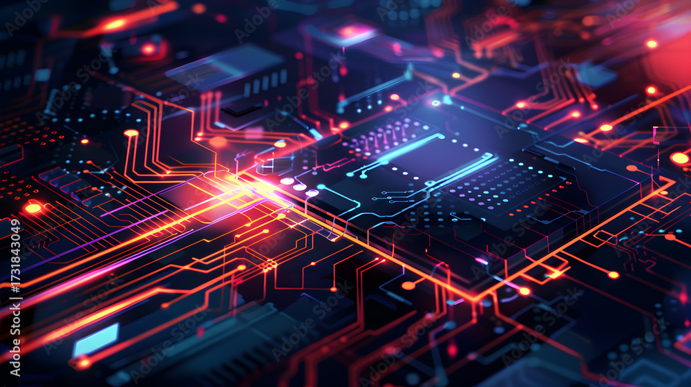 Fototapeta premium Abstract futuristic electronic circuit board with glowing elements, intricate patterns, and vibrant colors for technology, data, and innovation concepts