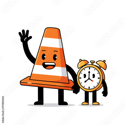 Traffic cone waving happily with alarm clock friend