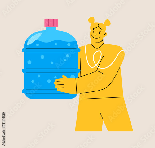 Woman is holding a large water bottle. Colorful vector illustration