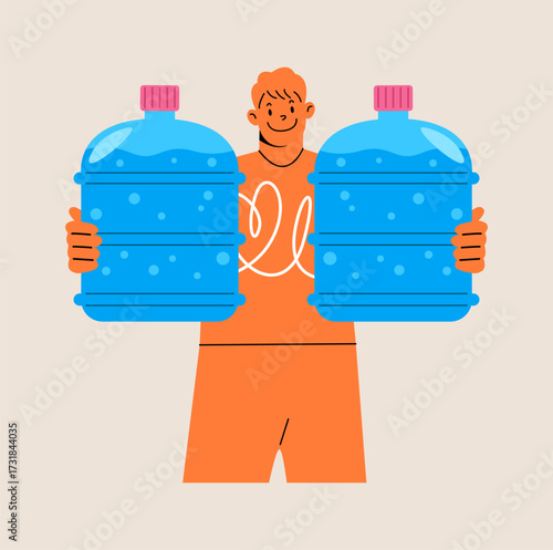 Man is holding a large water bottle. Colorful vector illustration