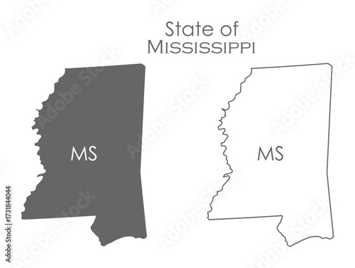 Mississippi. The outline and silhouette of the state with the abbreviated abbreviation of the name. The state border. A template for the design of printed products