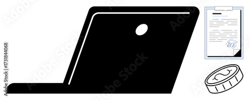 Laptop with an open screen, contract with a signature, and a coin nearby symbolizes online work, digital currency, and virtual contract signing. Ideal for business, finance, e-commerce, legal remote
