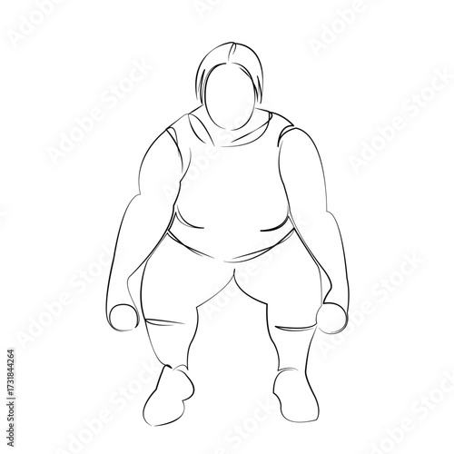 One continuous line drawing on white isolated background. Minimalism linear illustration. person, woman, overweight, female, lifestyle, dumbbell, sport, weight, gym, adult