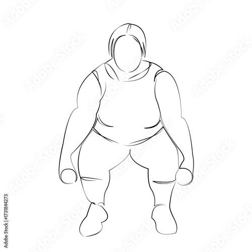 One continuous line drawing on white isolated background. Minimalism linear illustration. person, woman, overweight, female, lifestyle, dumbbell, sport, weight, gym, adult