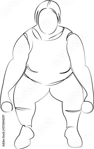One continuous line drawing on white isolated background. Minimalism linear illustration. person, woman, overweight, female, lifestyle, dumbbell, sport, weight, gym, adult