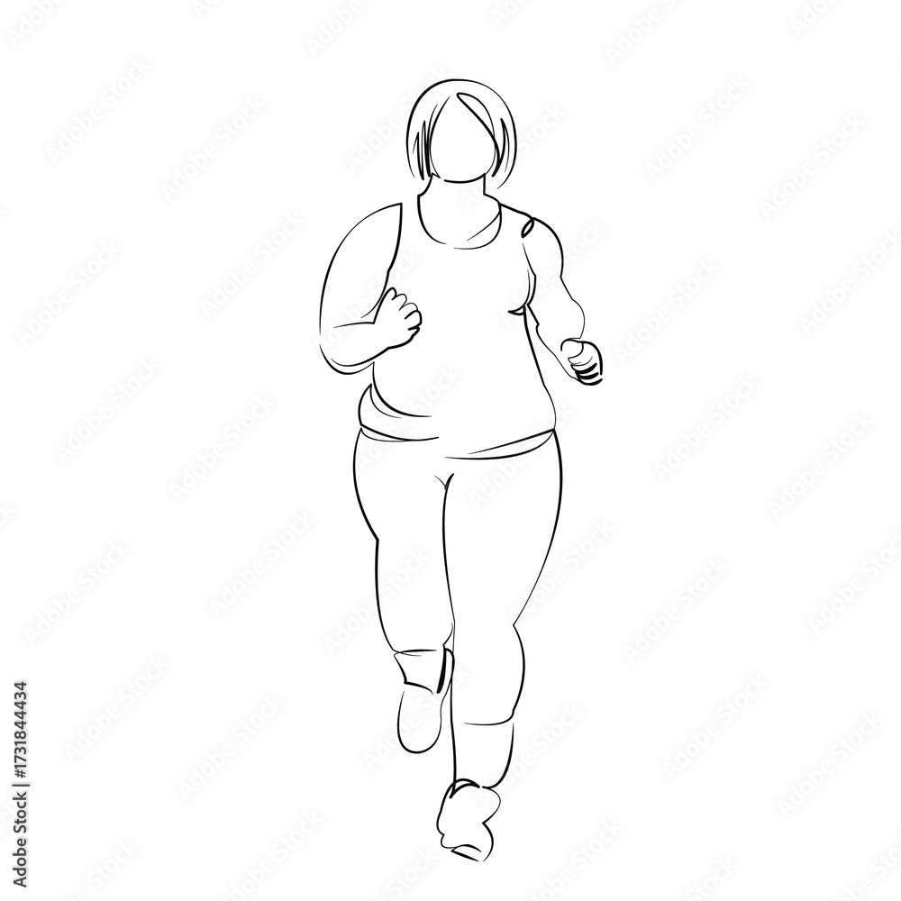 Fototapeta premium One continuous line drawing on white isolated background. Minimalism linear illustration. woman, lifestyle, overweight, running, female, jogging, fat, person, sport, obesity