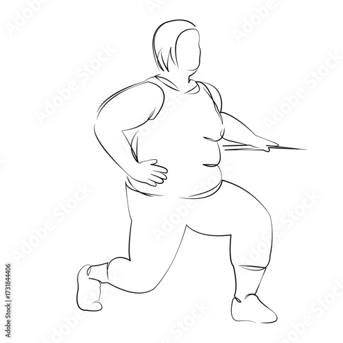 One continuous line drawing on white isolated background. Minimalism linear illustration. person, female, woman, lifestyle, overweight, fat, stretching, adult, weight, exercise