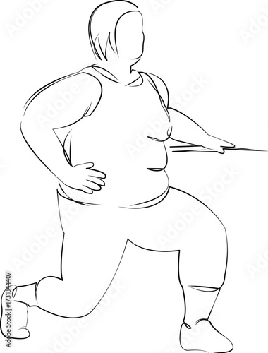 One continuous line drawing on white isolated background. Minimalism linear illustration. person, female, woman, lifestyle, overweight, fat, stretching, adult, weight, exercise