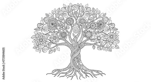 Tree of Life with Intricate Zen Doodle Branches and Roots Adult Coloring Art