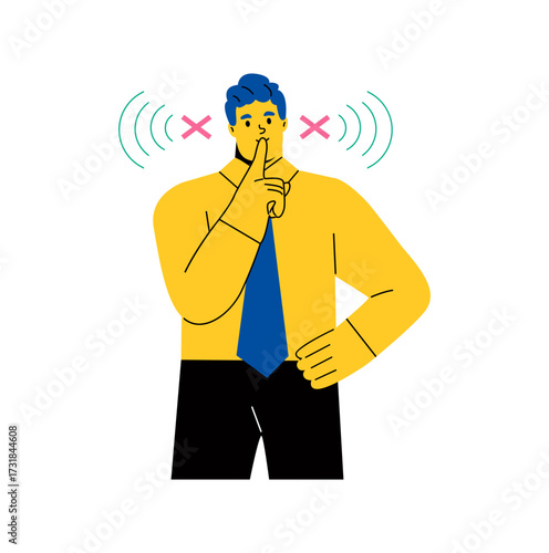 Business man shows a gesture of quiet, do not make noise. Flat vector illustration isolated on white background